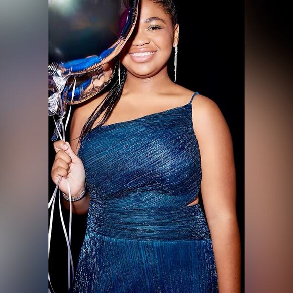 NWT Betsy & Adam One Shoulder Metallic A-Line Dress with Cutout A25539 Blue - 20 - Picture 4 of 16